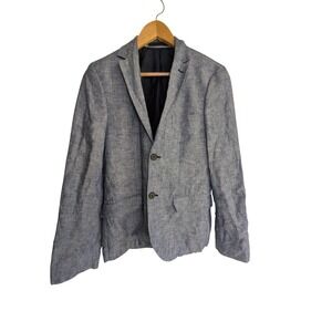 H&M Slim Fit‎ Blazer Mens 34R Blue Chambray Linen Blend Elbow Patches Coastal
